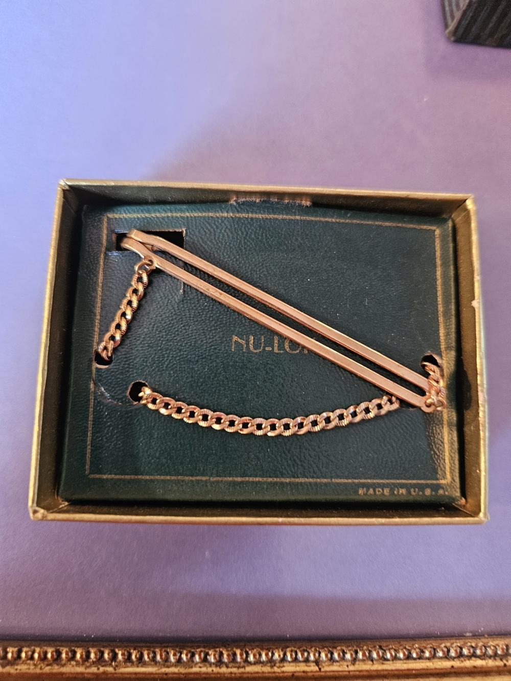 Vintage Nu-Lok Gold Tie Bar with Chain - Men's Accessory NIB